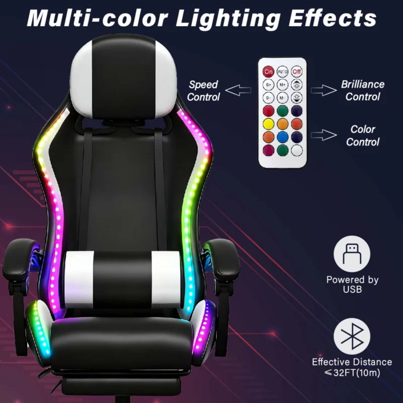 Gaming Καρέκλα Μαύρη/Άσπρη Με Led Φωτισμό, Ηχεία, Μασάζ Και Bluetooth