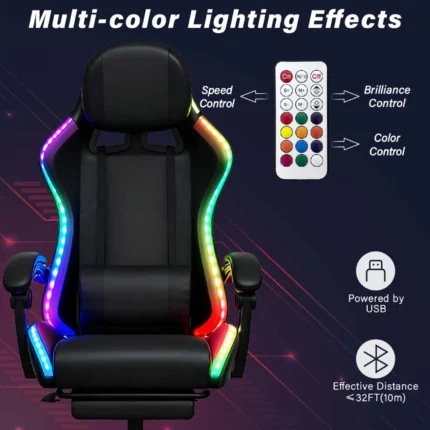 Gaming Καρέκλα Μαύρη Με Led Φωτισμό, Ηχεία, Μασάζ Και Bluetooth