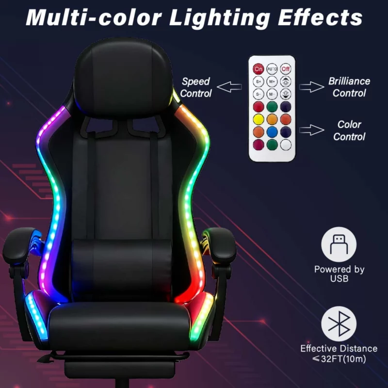 Gaming Καρέκλα Μαύρη Με Led Φωτισμό, Ηχεία, Μασάζ Και Bluetooth