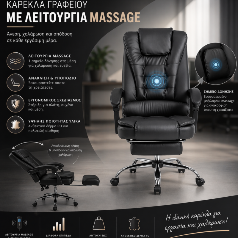 Εργονομική Καρέκλα Γραφείου με Massage & Υποπόδιο – Δερμάτινη PU Ανακλινόμενη, Μαύρη